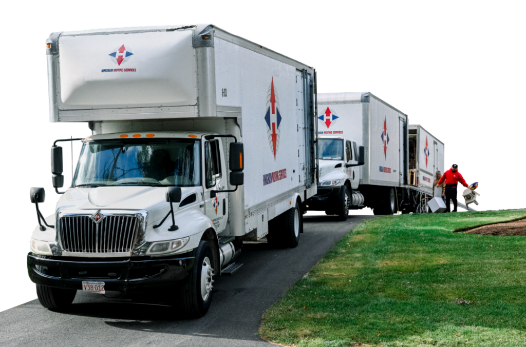three Hingham Moving Services box trucks
