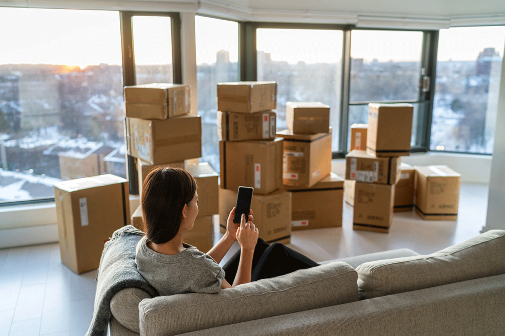 person contacting relative while sitting in new apartment full of boxes with beautiful view of the city after moving out of state before divorce is final